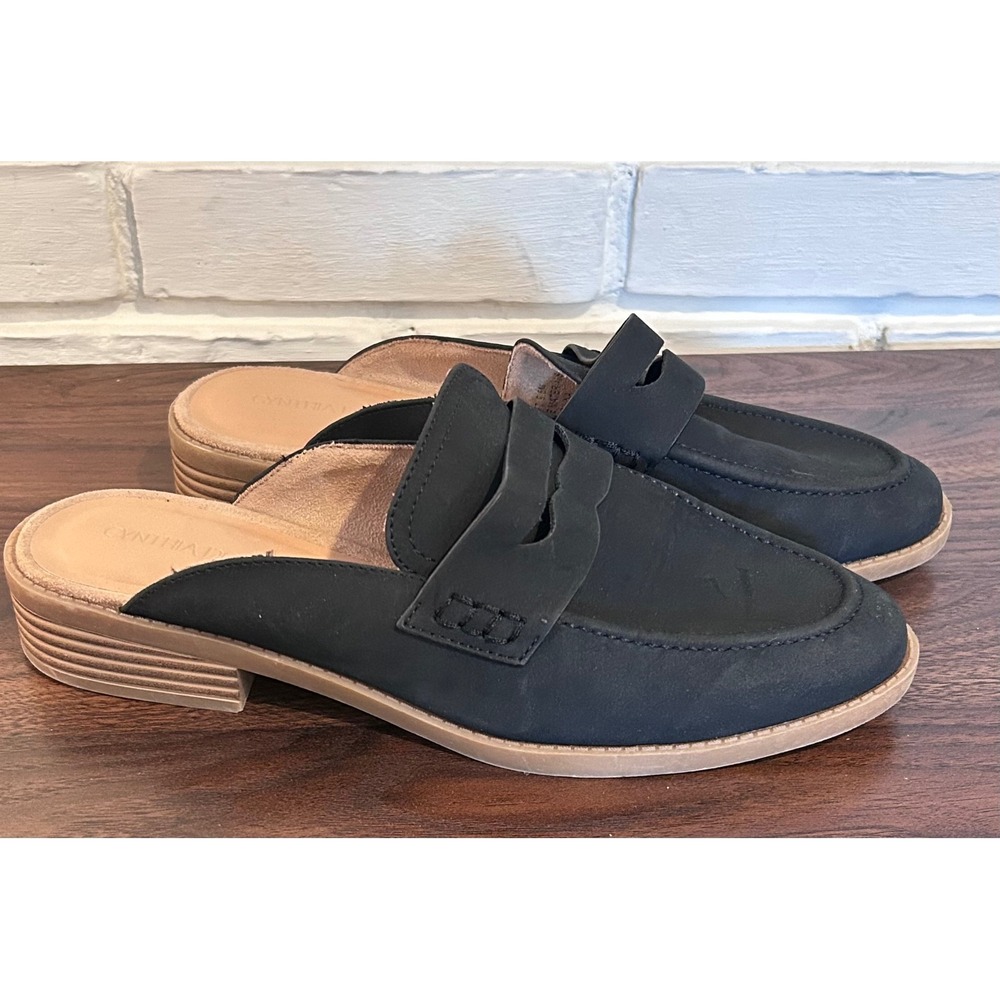 Cynthia Rowley Prescott Black Penny Loafer Mules Women 9.5M Low Heel Slides Prep